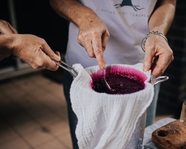 picture of straining elderberry syrup through sieve lined with muslin