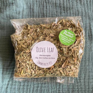 Bag of Organic Olive Leaf from the DIY Immunity Herbal Remedy Kit. Learn herbal medicine simply and easily with Everyday Empowered. Kits. Monthly workshops and online courses.
