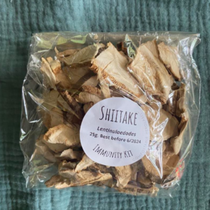 Bag of Organic Shiitake mushroom from the DIY Immunity Herbal Remedy Kit. Learn herbal medicine simply and easily with Everyday Empowered. Kits. Monthly workshops and online courses.