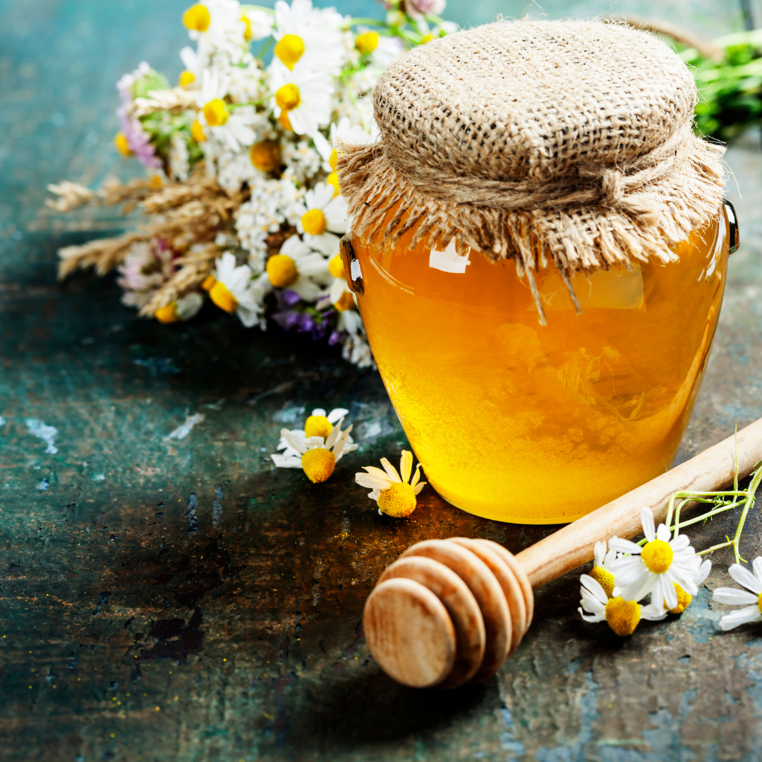 Herbal Honey electuary - Herb Folk - Sunshine Coast herbal workshop and herbal education. Learn how to make herbal honey and herbal electuary for sleep, digestion, stress, and kids at this hands-on workshop. Picture is of a jar of honey with honey stick and fresh chamomile flowers | Everyday Empowered