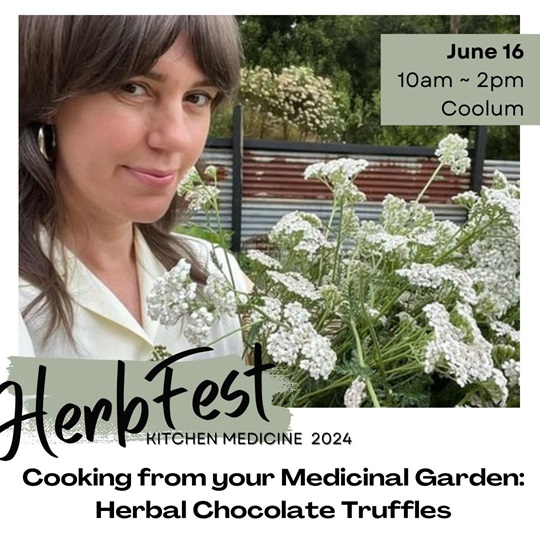 Caroline Parker, Cottage Herbalist - speaker at HerbFest 2024 on the Sunshine Coast. Herbal Medicine Event. Image of Caroline Parker and a bunch of yarrow