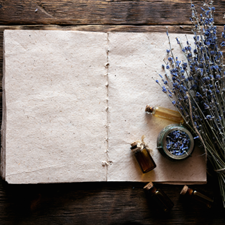 Image of open book with handmade paper with lavender to the side. For an article about how to organise your herbal info for monographs and materia medica.