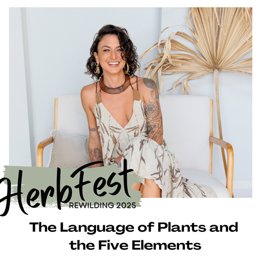 Image of Sally Taylor smiling. Words are her HerbFest Talk title: The Language of Plants and the 5 Elements