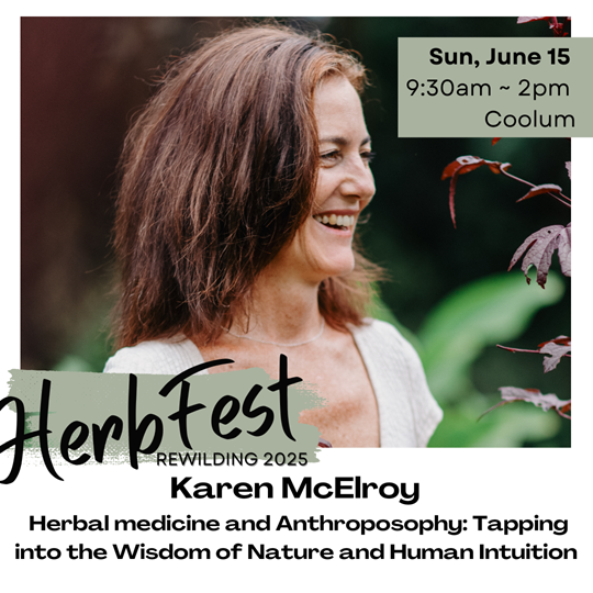 Image of Karen McElroy laughing in garden. Talk title for HerbFest 2025: Herbal Medicine and Anthroposophy: Tapping into the Wisdom of Nature and Human Intuition