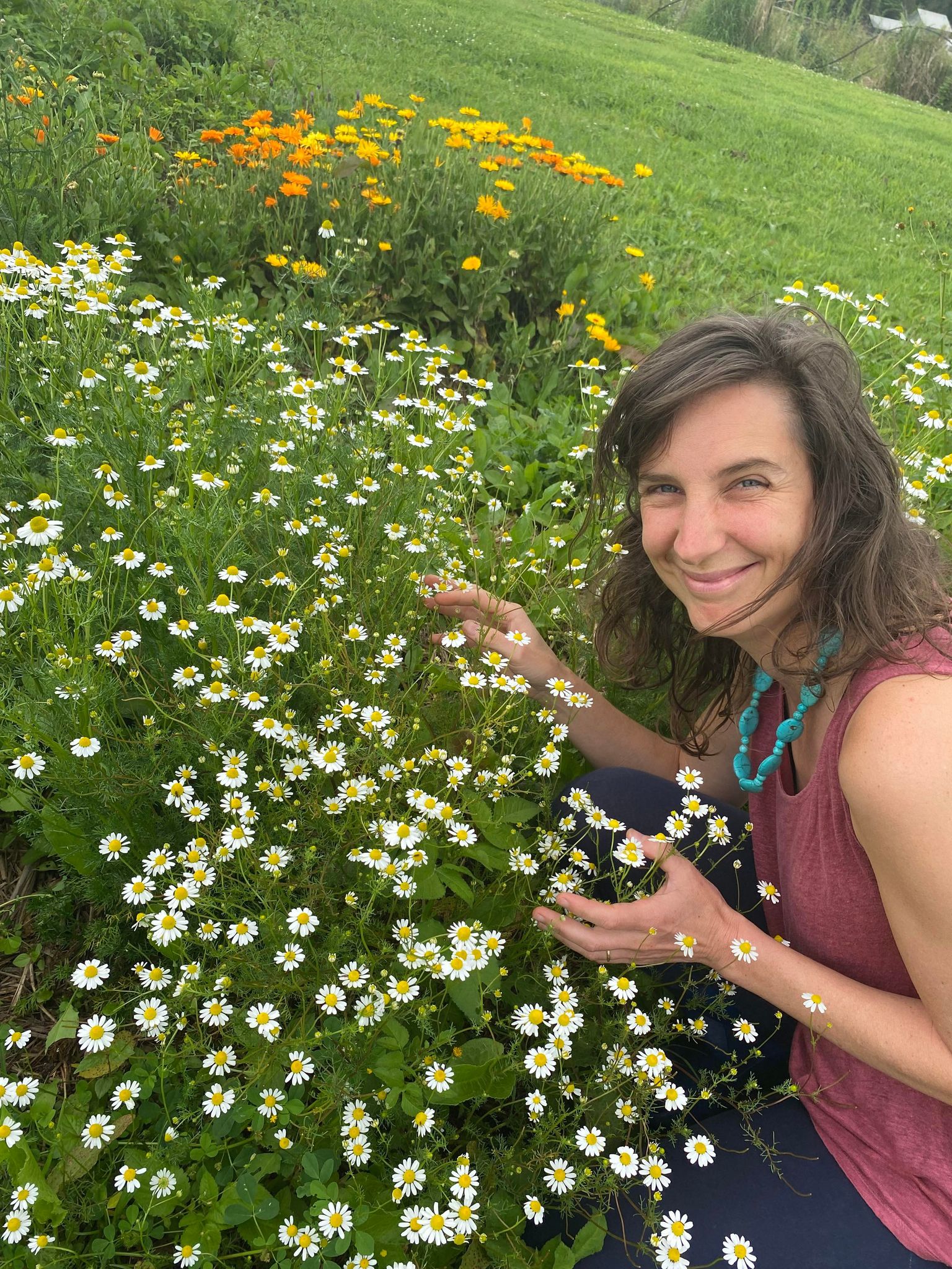 Cat Green smiling in garden with chamomile, answering question: what is herbal medicine
